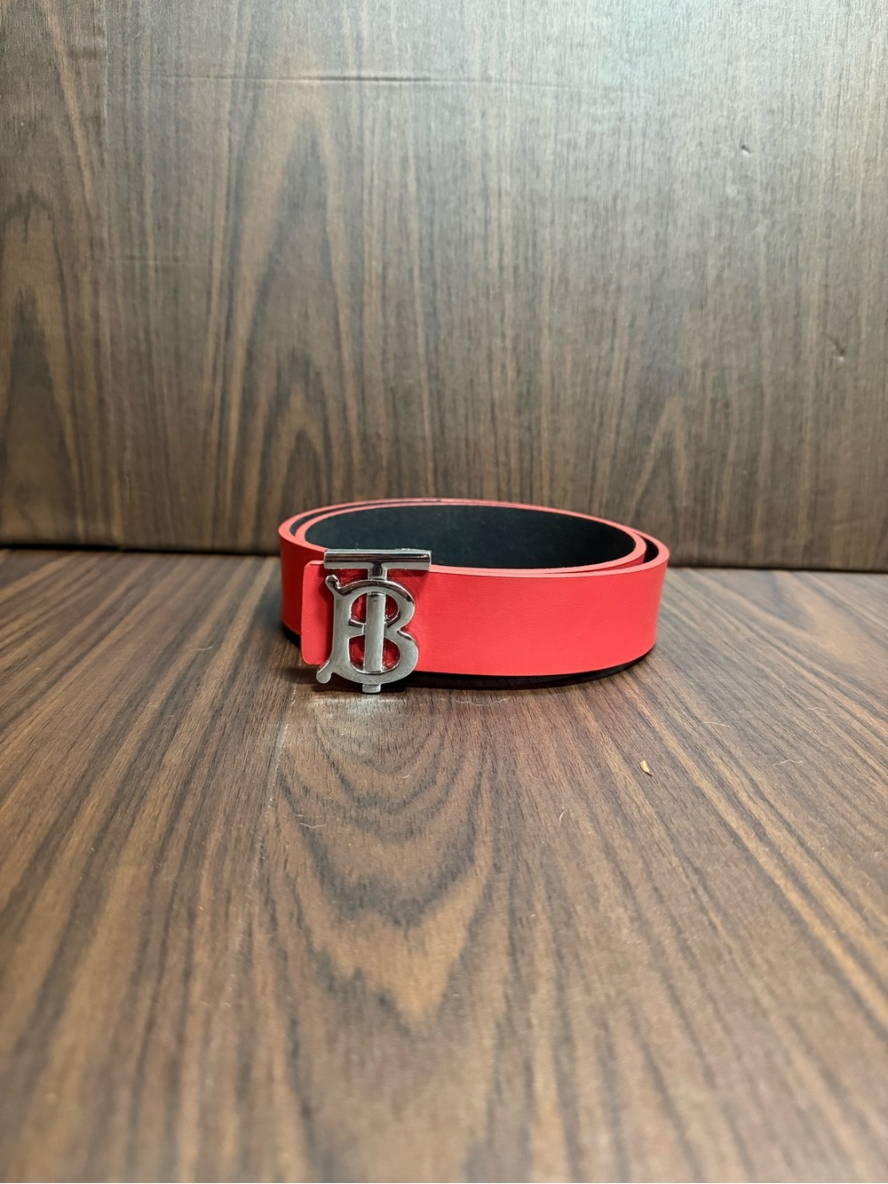 Burberry Red Leather TB Monogram Belt with Silver Buckle